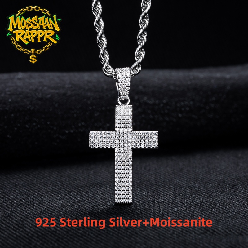 925 Sterling Silver Chain Necklace Men - MossanRappr Moissanite Bling Croce Ciondolo Iced