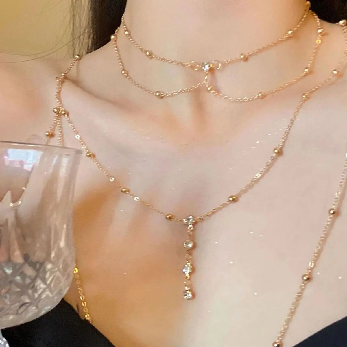 Layered Pendant Necklace Aesthetic - Catena per il corpo con strass