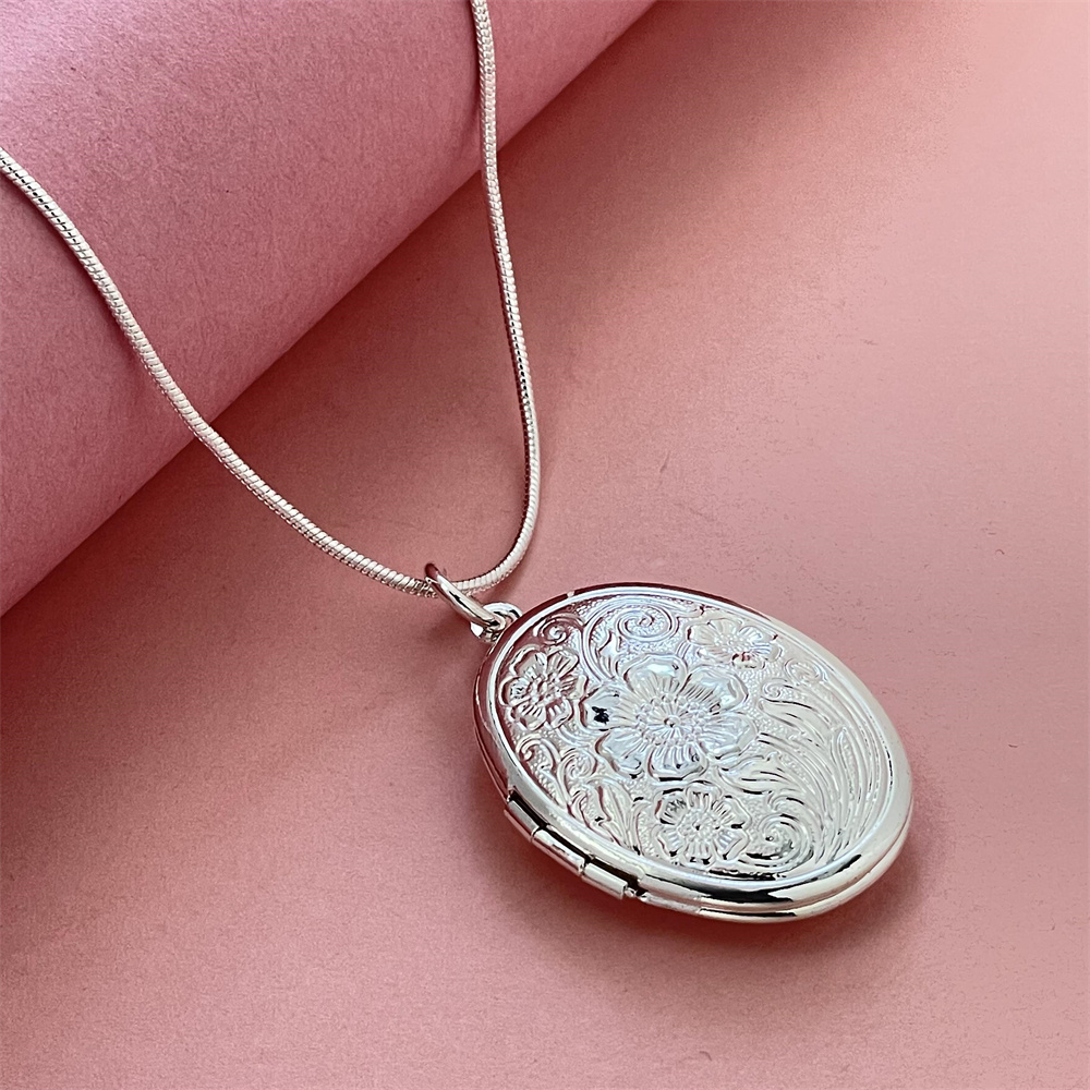 925 Sterling Silver Chain Necklace Men - Ciondolo con cornice ovale in argento